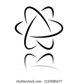 scientific atom symbol, logo, simple icon. Black icon with mirror reflection on white background