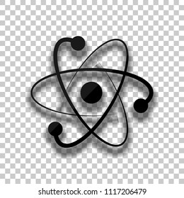 scientific atom symbol, logo, simple icon. Black glass icon with soft shadow on transparent background