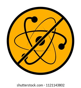 scientific atom symbol, logo, simple icon. not allowed, black object in warning sign with orange background color