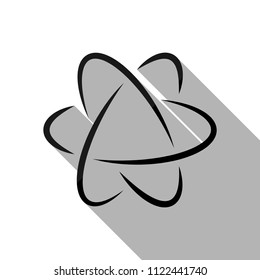 scientific atom symbol, logo, simple icon. Black object with long shadow on white background