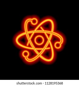 scientific atom symbol, logo, simple icon. Orange neon style on black background. Light icon