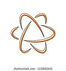 scientific atom symbol, logo, simple icon. Isolated icon consisting of black thin contour and orange moved filling on different layers. White background