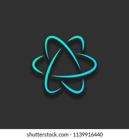 scientific atom symbol, logo, simple icon. Colorful logo concept with soft shadow on dark background. Icon color of azure ocean