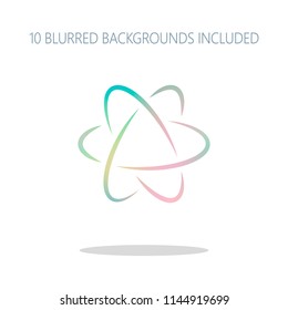 scientific atom symbol, logo, simple icon. Colorful logo concept with simple shadow on white. 10 different blurred backgrounds included