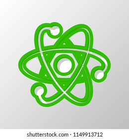 scientific atom symbol, logo, simple icon. Paper style. Cut symbol with green bold contour on shape and simple shadow