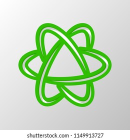 scientific atom symbol, logo, simple icon. Paper style. Cut symbol with green bold contour on shape and simple shadow