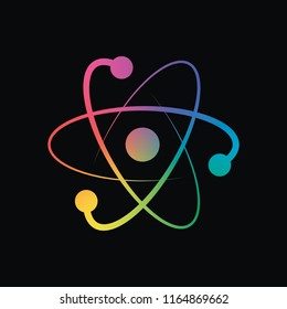 scientific atom symbol, logo, simple icon. Rainbow color and dark background