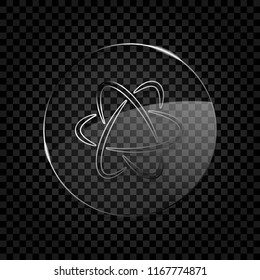 scientific atom symbol, logo, simple icon. Icon in circle glass bubble on dark transparent grid. Glass style