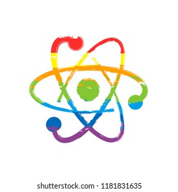 scientific atom symbol, logo, simple icon. Drawing sign with LGBT style, seven colors of rainbow (red, orange, yellow, green, blue, indigo, violet