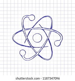 scientific atom symbol, logo, simple icon. Hand drawn picture on paper sheet. Blue ink, outline sketch style. Doodle on checkered background