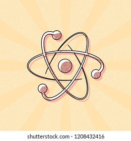 scientific atom symbol, logo, simple icon. Vintage retro typography with offset printing effect. Dots poster with comics pop art background