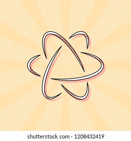 scientific atom symbol, logo, simple icon. Vintage retro typography with offset printing effect. Dots poster with comics pop art background