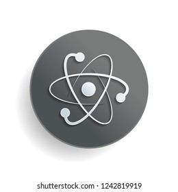 scientific atom symbol, logo, simple icon. White paper symbol on gray round button or badge with shadow