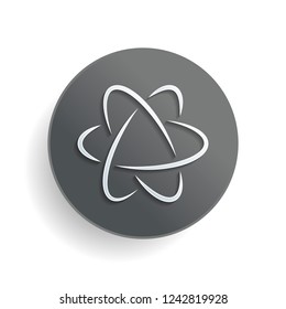 scientific atom symbol, logo, simple icon. White paper symbol on gray round button or badge with shadow