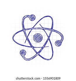 scientific atom symbol, logo, simple icon. Hand drawn sketched picture with scribble fill. Blue ink. Doodle on white background