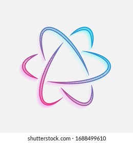 scientific atom symbol, logo, simple icon. Technology logo with diagonal lines and colored gradient. Neon graphic, light effect. Blue and red colors