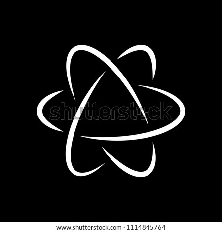 scientific atom symbol, logo, simple icon. White icon on black background. Inversion