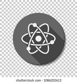 scientific atom symbol, simple icon. White flat icon with long shadow in circle on transparent background. Badge or sticker style