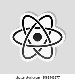 scientific atom symbol, simple icon. Sticker style with white border and simple shadow on gray background
