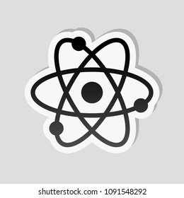 scientific atom symbol, simple icon. Sticker style with white border and simple shadow on gray background