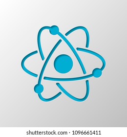 scientific atom symbol, simple icon. Paper design. Cutted symbol with shadow