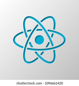 scientific atom symbol, simple icon. Paper design. Cutted symbol with shadow