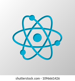 scientific atom symbol, simple icon. Paper design. Cutted symbol with shadow