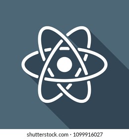 scientific atom symbol, simple icon. White flat icon with long shadow on background