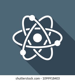 scientific atom symbol, simple icon. White flat icon with long shadow on background
