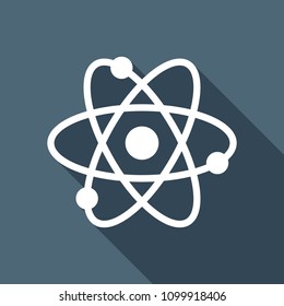 scientific atom symbol, simple icon. White flat icon with long shadow on background