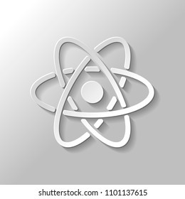 scientific atom symbol, simple icon. Paper style with shadow on gray background