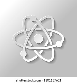scientific atom symbol, simple icon. Paper style with shadow on gray background
