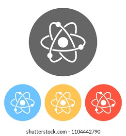 scientific atom symbol, simple icon. Set of white icons on colored circles