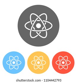 scientific atom symbol, simple icon. Set of white icons on colored circles