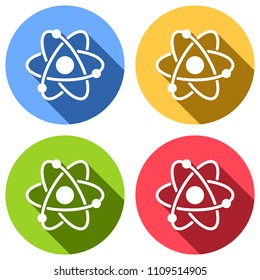 scientific atom symbol, simple icon. Set of white icons with long shadow on blue, orange, green and red colored circles. Sticker style