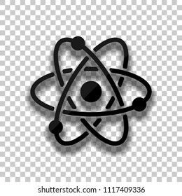 scientific atom symbol, simple icon. Black glass icon with soft shadow on transparent background