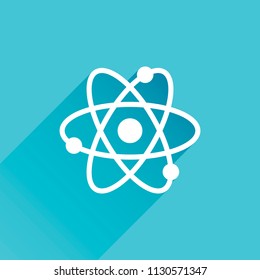 scientific atom symbol, simple icon. Gray icon with long shadow in bottom left corner on blue background