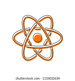 scientific atom symbol, simple icon. Isolated icon consisting of black thin contour and orange moved filling on different layers. White background