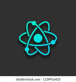 scientific atom symbol, simple icon. Colorful logo concept with soft shadow on dark background. Icon color of azure ocean
