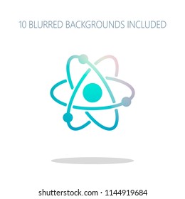 scientific atom symbol, simple icon. Colorful logo concept with simple shadow on white. 10 different blurred backgrounds included