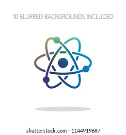 scientific atom symbol, simple icon. Colorful logo concept with simple shadow on white. 10 different blurred backgrounds included