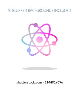scientific atom symbol, simple icon. Colorful logo concept with simple shadow on white. 10 different blurred backgrounds included