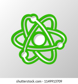 scientific atom symbol, simple icon. Paper style. Cut symbol with green bold contour on shape and simple shadow