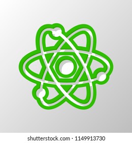 scientific atom symbol, simple icon. Paper style. Cut symbol with green bold contour on shape and simple shadow