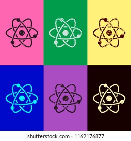 scientific atom symbol, simple icon. Pop art style. Scratched icons on 6 colour backgrounds. 