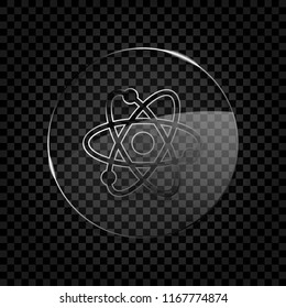 scientific atom symbol, simple icon. Icon in circle glass bubble on dark transparent grid. Glass style