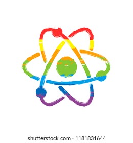 scientific atom symbol, simple icon. Drawing sign with LGBT style, seven colors of rainbow (red, orange, yellow, green, blue, indigo, violet