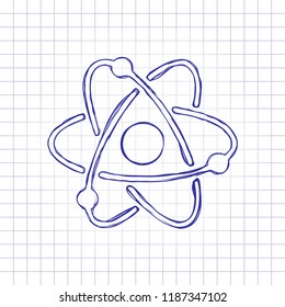 scientific atom symbol, simple icon. Hand drawn picture on paper sheet. Blue ink, outline sketch style. Doodle on checkered background