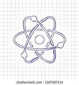 scientific atom symbol, simple icon. Hand drawn picture on paper sheet. Blue ink, outline sketch style. Doodle on checkered background