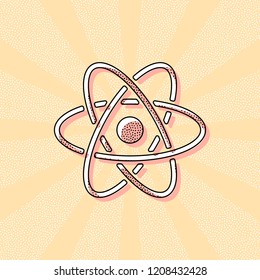 scientific atom symbol, simple icon. Vintage retro typography with offset printing effect. Dots poster with comics pop art background